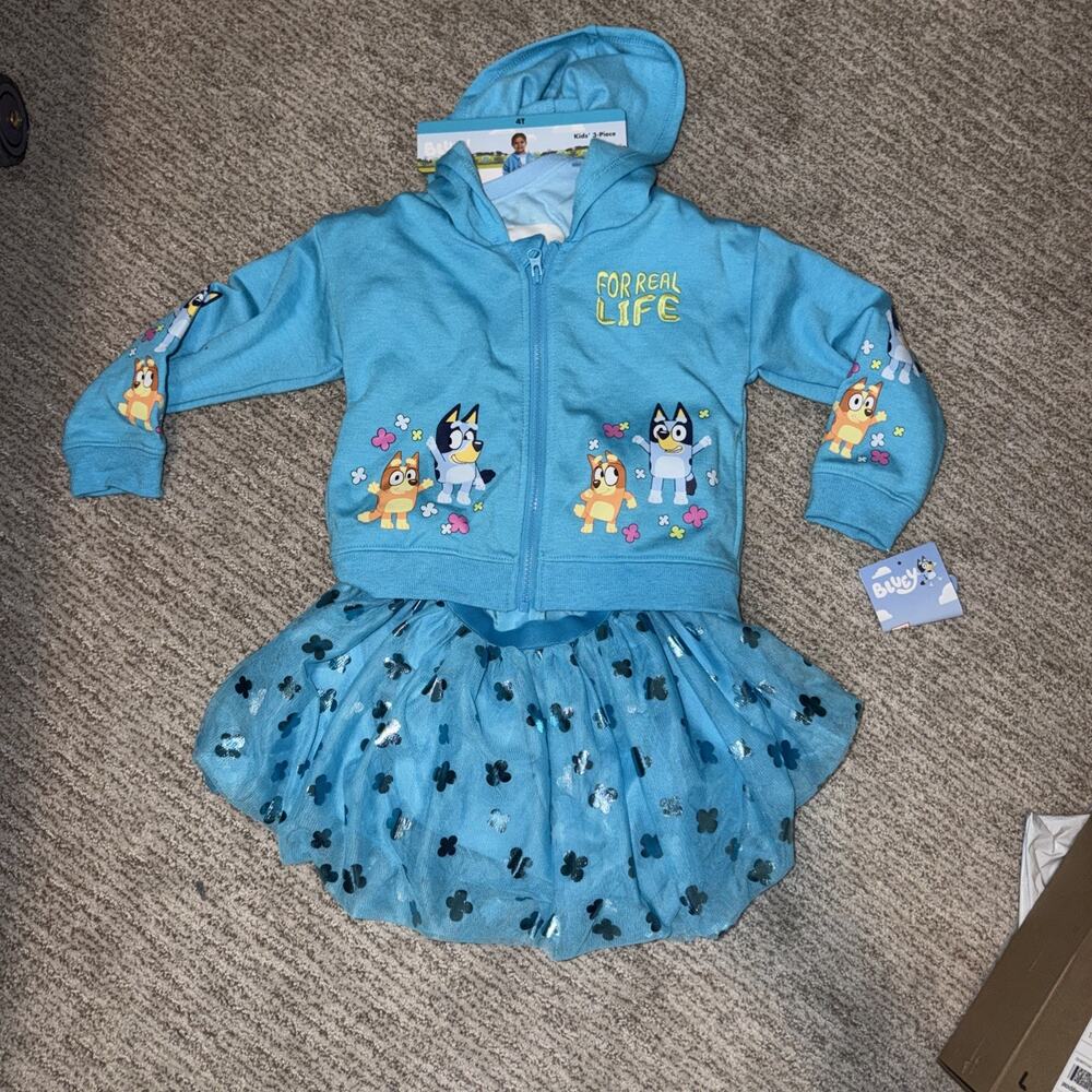 4T Bluey & Bingo Girls 3pc Outfit Set Hoodie Jacket T-Shirt Tulle Skirt Clothes